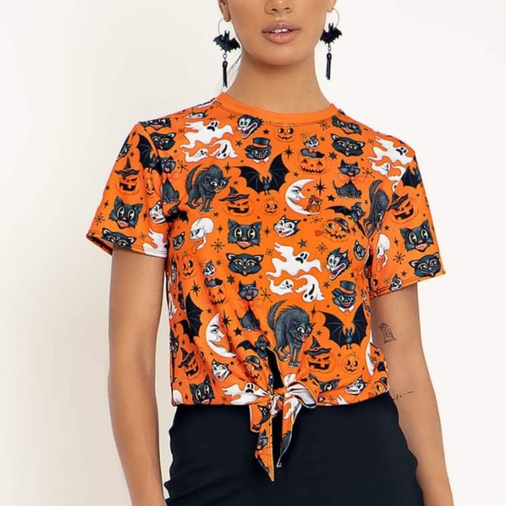 Black Milk Trick or Treat Pumpkin Tie Front Tee